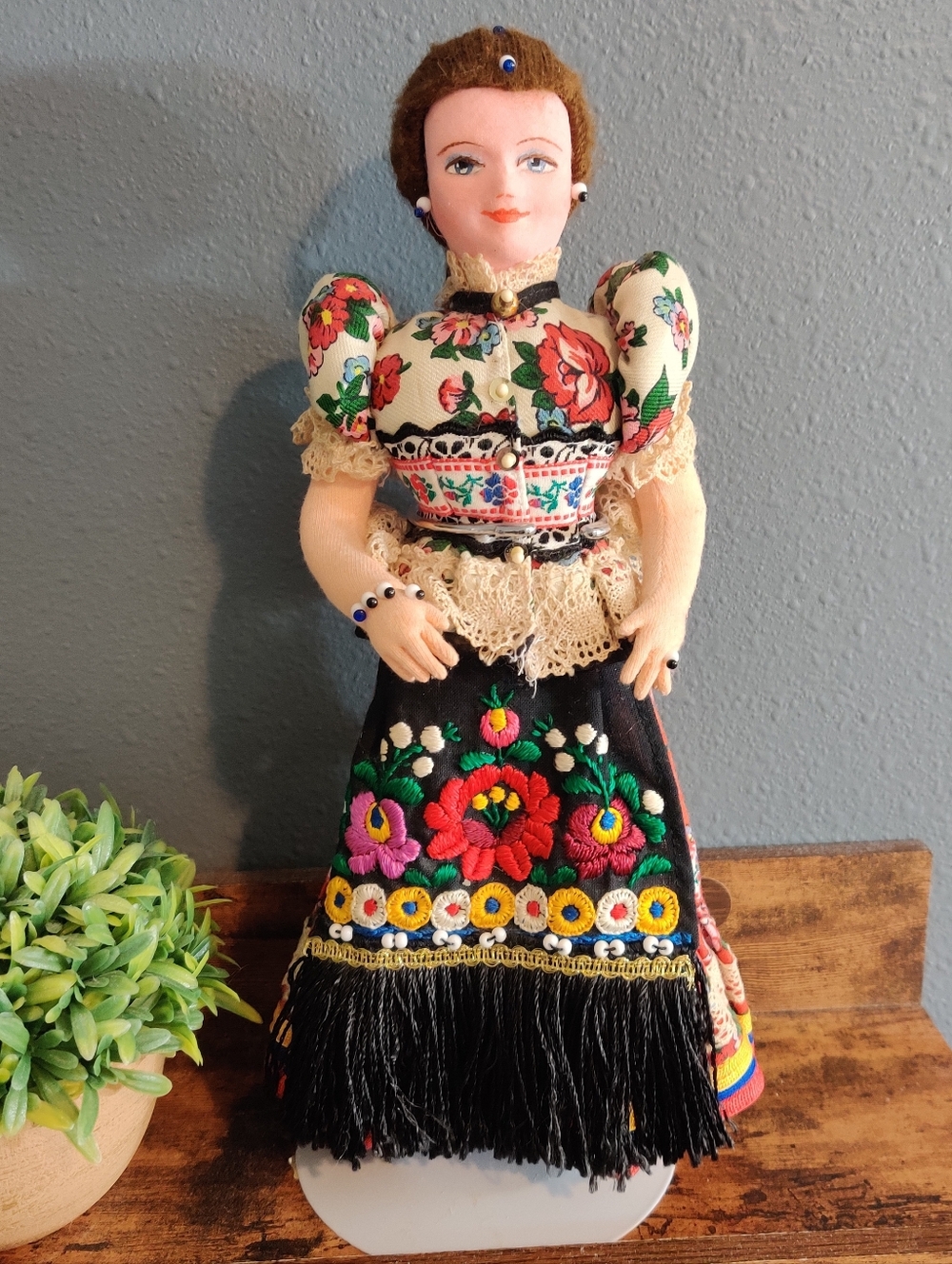 Spain Vintage Doll Handmade Embroidery Floral Dress Embroidered Woman Beaded